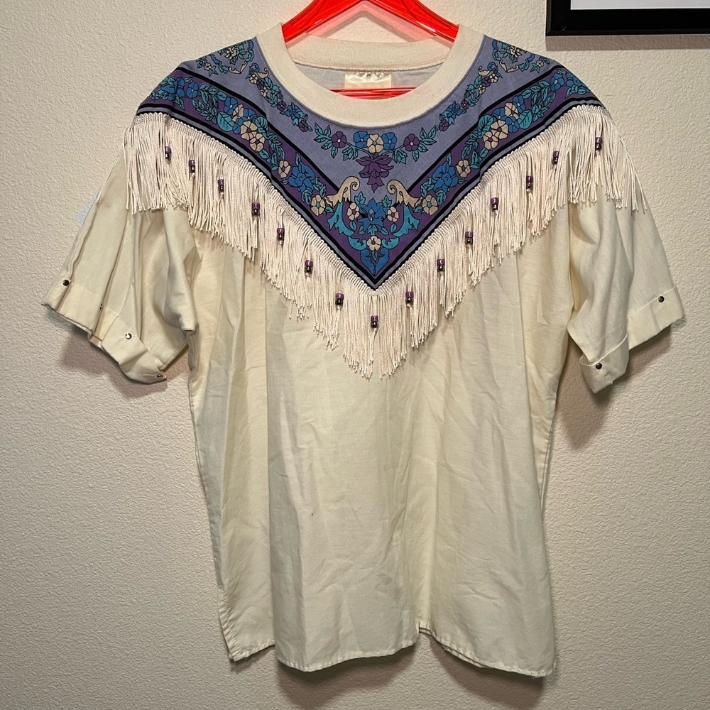 Vintage Cream Fringe Floral Women's Top - Picture 1 of 5